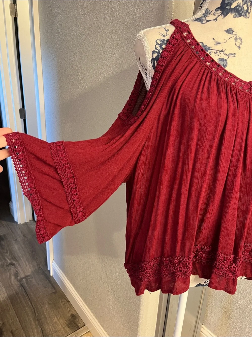 Boho Crochet-Trim Sleeveless Tunic in Wine Red